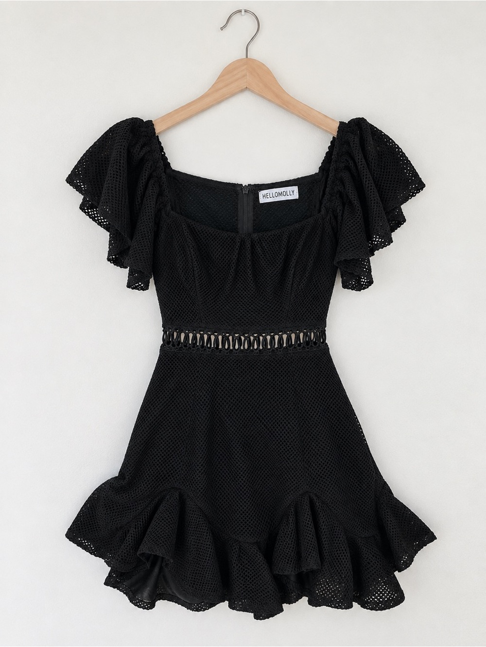 Hello Molly Black Eyelet Ruffle Waist-Cut Mini Dress